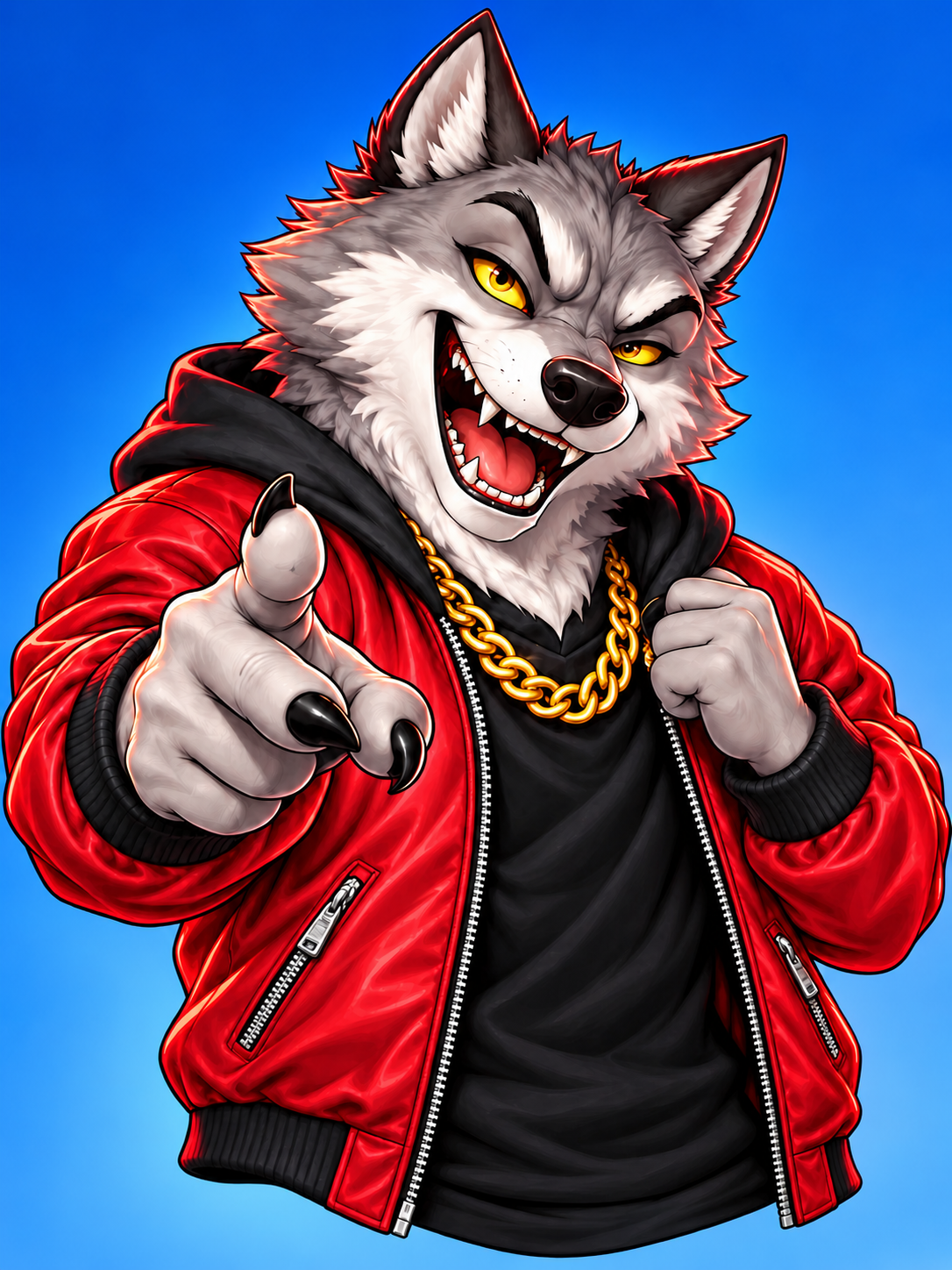Wolf Riot's grinning grey wolf, in a red leather jacket and gold chain, pointing toward you