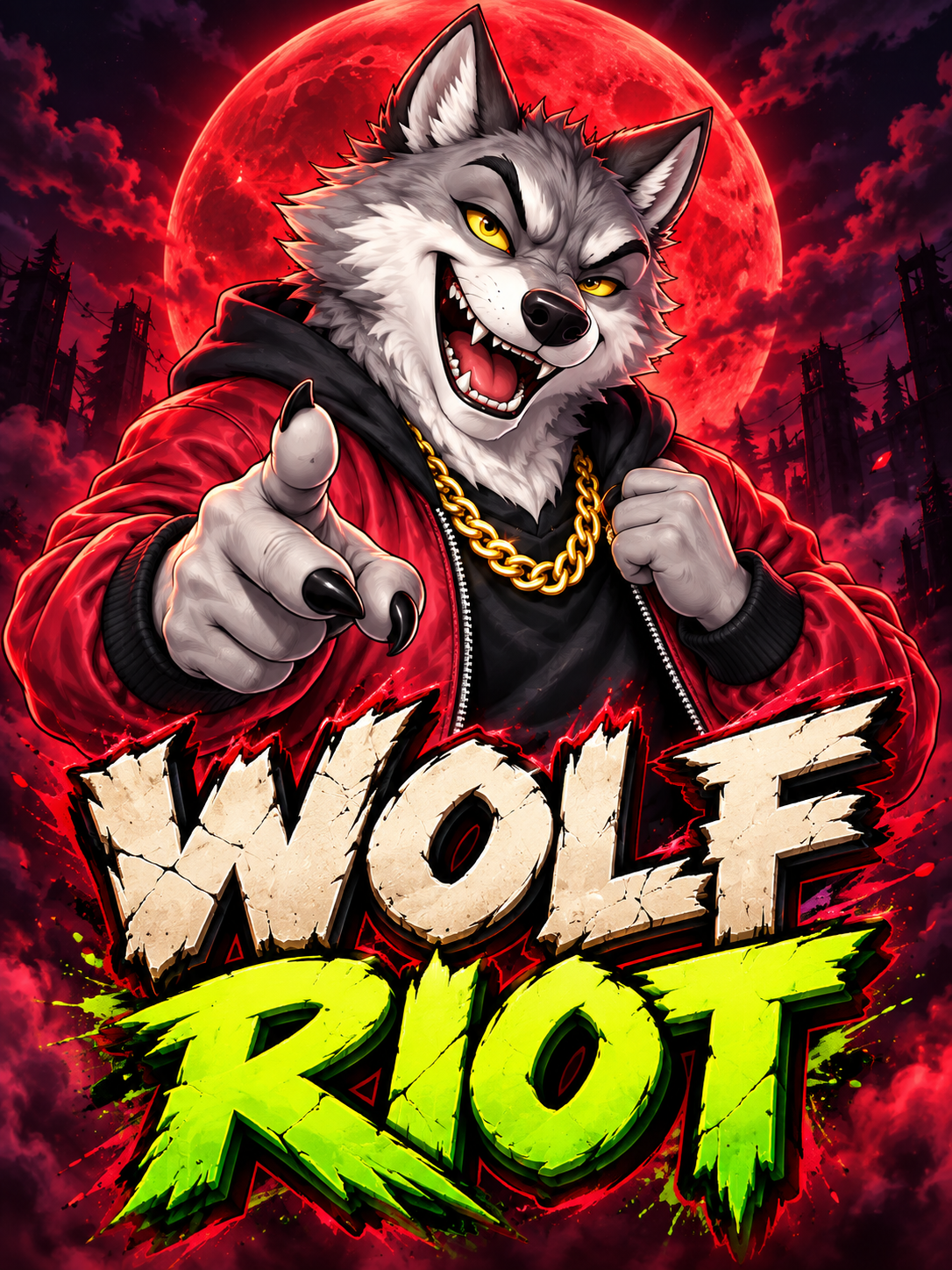 Wolf Riot promotional artwork with the wolf and a red blood moon